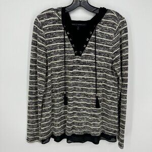 White House Black Market V Neck Hooded Sweater M Striped Lace Up Relaxed Fit‎